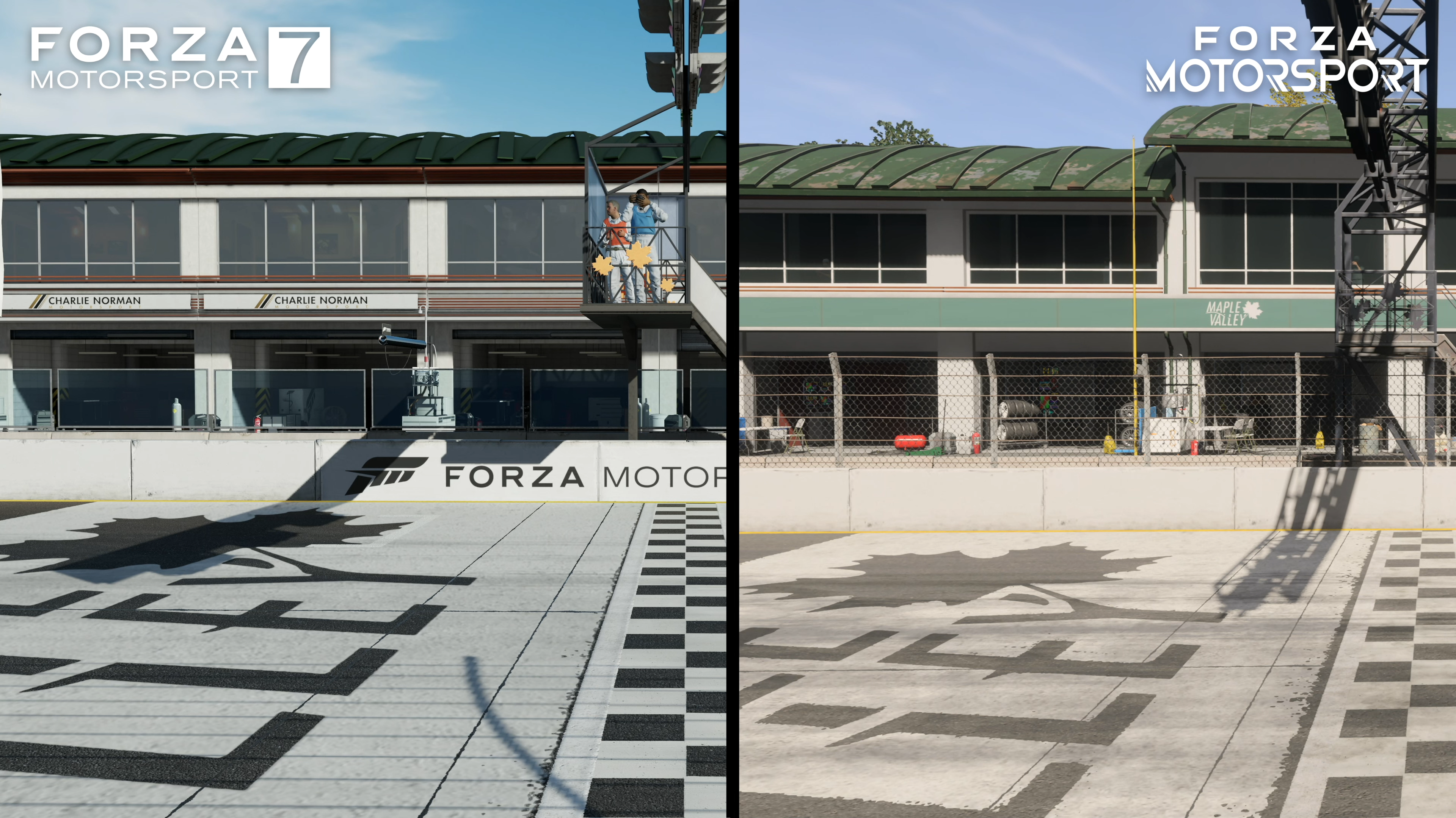 a side-by-side comparison of Forza 7 vs Forza Motorsport (2023), showing the new game&rsquo;s graphical advancements