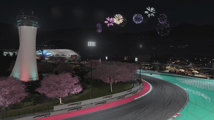 Forza Motorsport screenshot, showing some fireworks above the Hakone racing track at night.