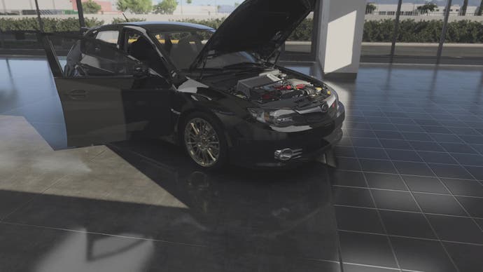 Forza Motorsport screenshot, showing a 2008 Subaru Impreza WRX STI, in a showroom, with its doors and bonnet open.