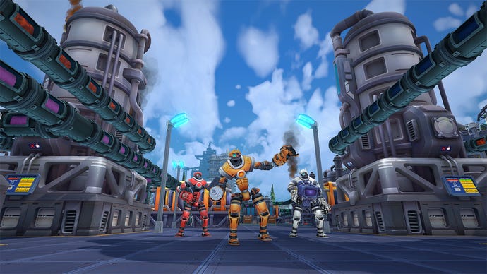 A screenshot of Foundry, showing robots striking poses in front of a huge factory complex