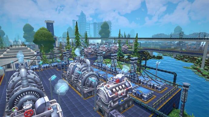 A screenshot from Foundry, showing a factory built beside a river