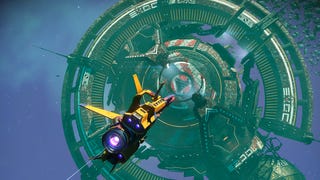 No Man's Sky screenshot showing a yellow spaceship approaching a vast green cylindrical space station.