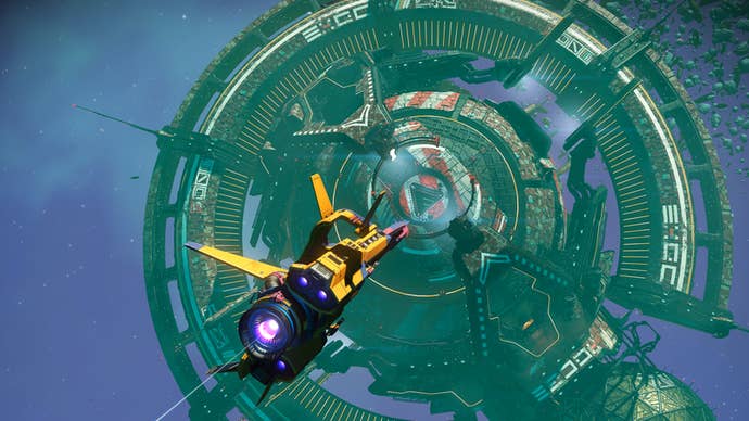 No Man’s Sky screenshot showing a yellow spaceship approaching a vast green cylindrical space station.