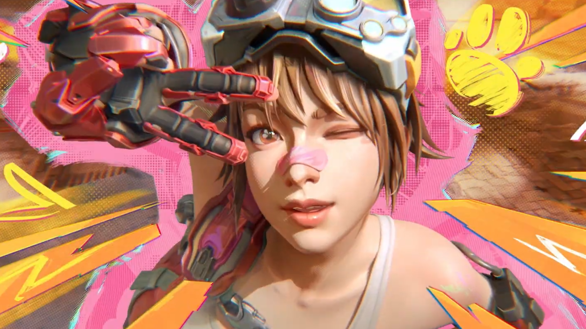 FragPunk trailer screenshot showing female character with goggles winking at the camera