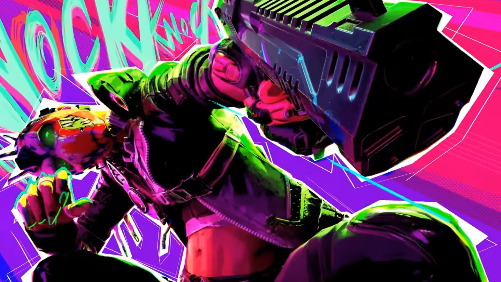 FragPunk trailer screenshot showing vibrant stylised punk character aiming a pistol