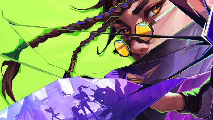 Cracked glass effect over a portrait of a woman in FragPunk, wearing small yellow glasses with braided hair. One piece of glass reflects silhouetted soldiers and a robot.