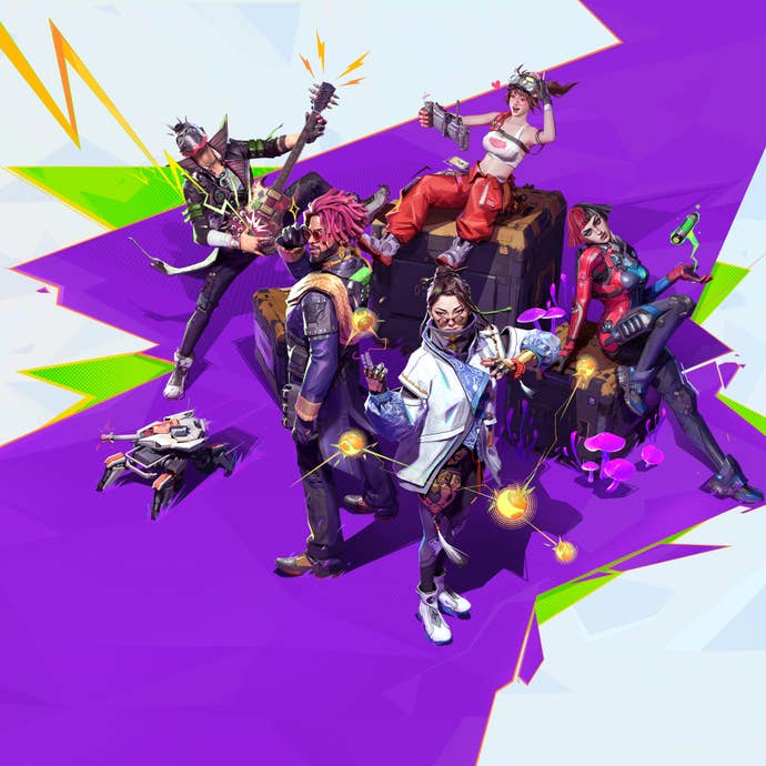 FragPunk key art, featuring a series of characters collected in one place over a purple background.