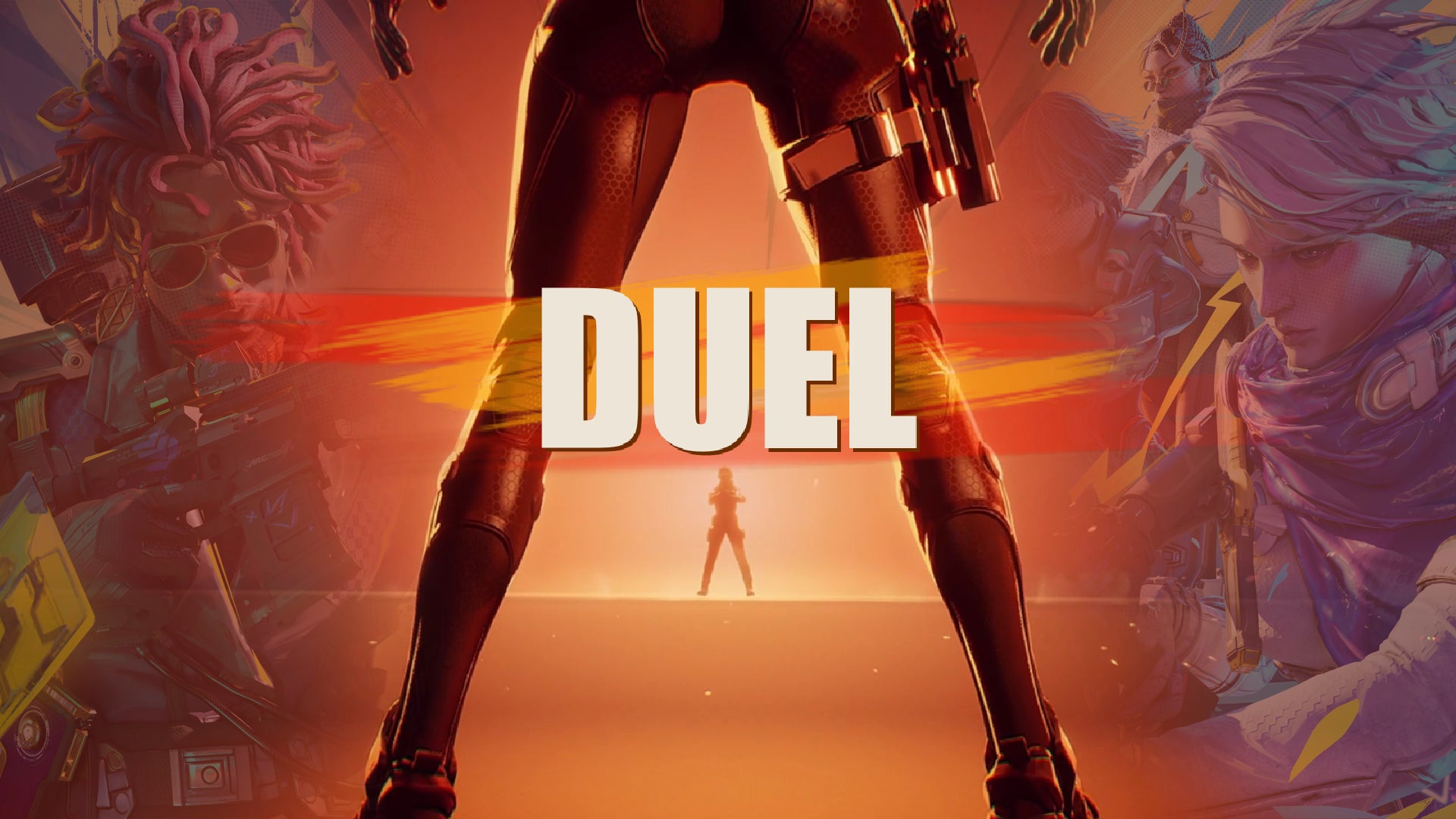 An amalgam of three different images; a 'Duel' screen showing a showdown between a character's legs and another character in the distance, and two sets of key art flanking the silhouette of the legs. - 1