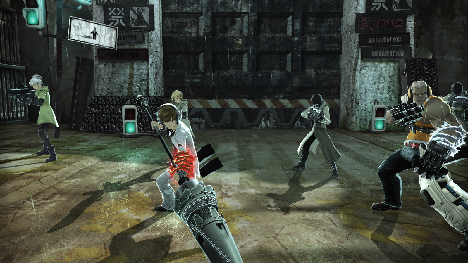 Freedom Wars screenshot showing multiple anime characters posing with giant weapons in a grey industrial facility