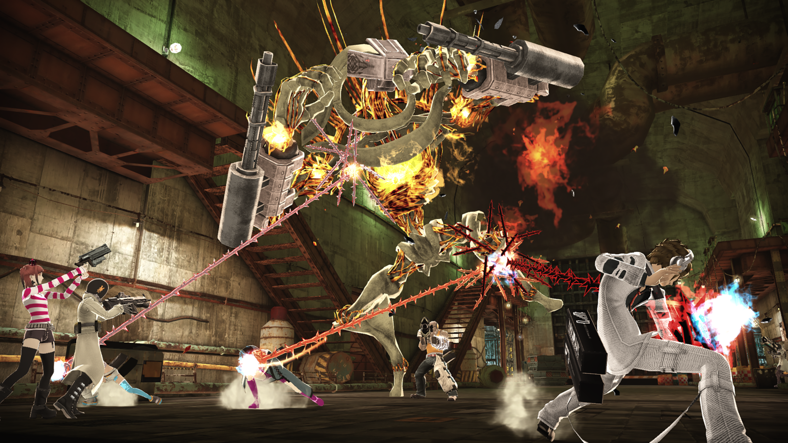 Freedom Wars screenshot showing multiple characters firing &ldquo;thorns&rdquo; at giant mechanical enemy