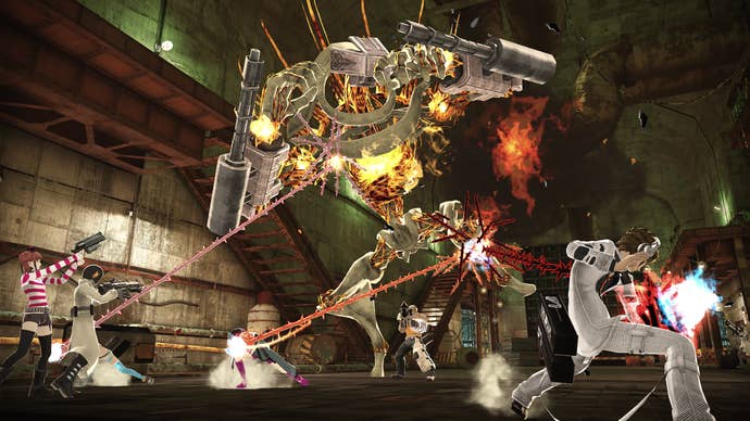 Freedom Wars screenshot showing multiple characters firing “thorns” at giant mechanical enemy