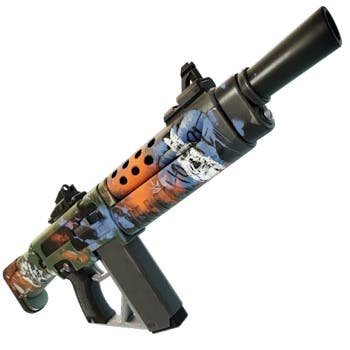 menu view of the frenzy auto shotgun in fortnite with orange and blue graffiti on it