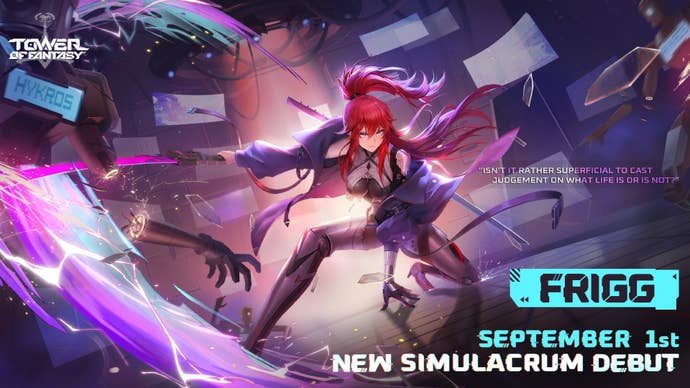 Tower of Fantasy art showing the new character swiping her sword and leaving a purple trail while crouching. On the right, large text reads “FRIGG”, “SEPTEMBER 1st”, “NEW SIMULACRUM DEBUT”.