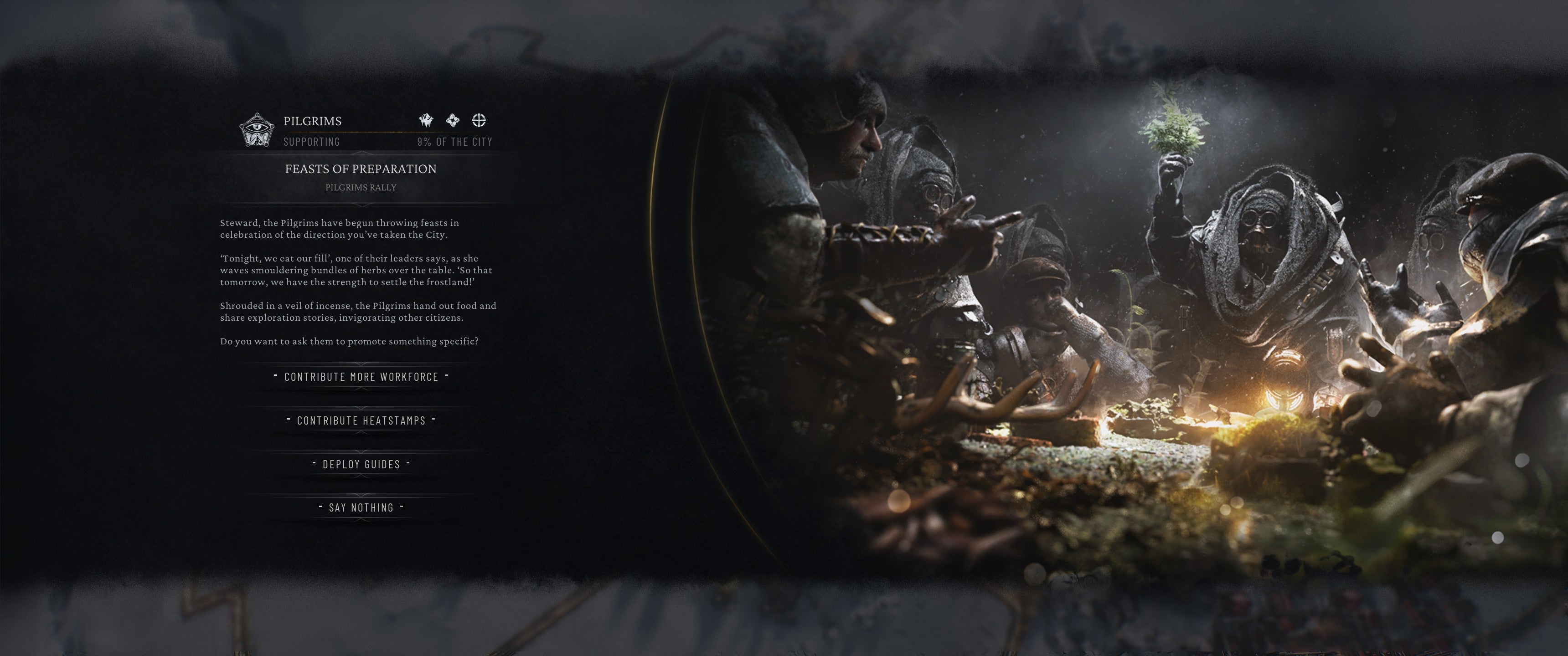 Frostpunk 2 screenshot showing a feast thrown by the Pilgrims faction and offering options to ask Pilgrims to contribute more workforce, contribute heatstamps, deploy guides, or do nothing