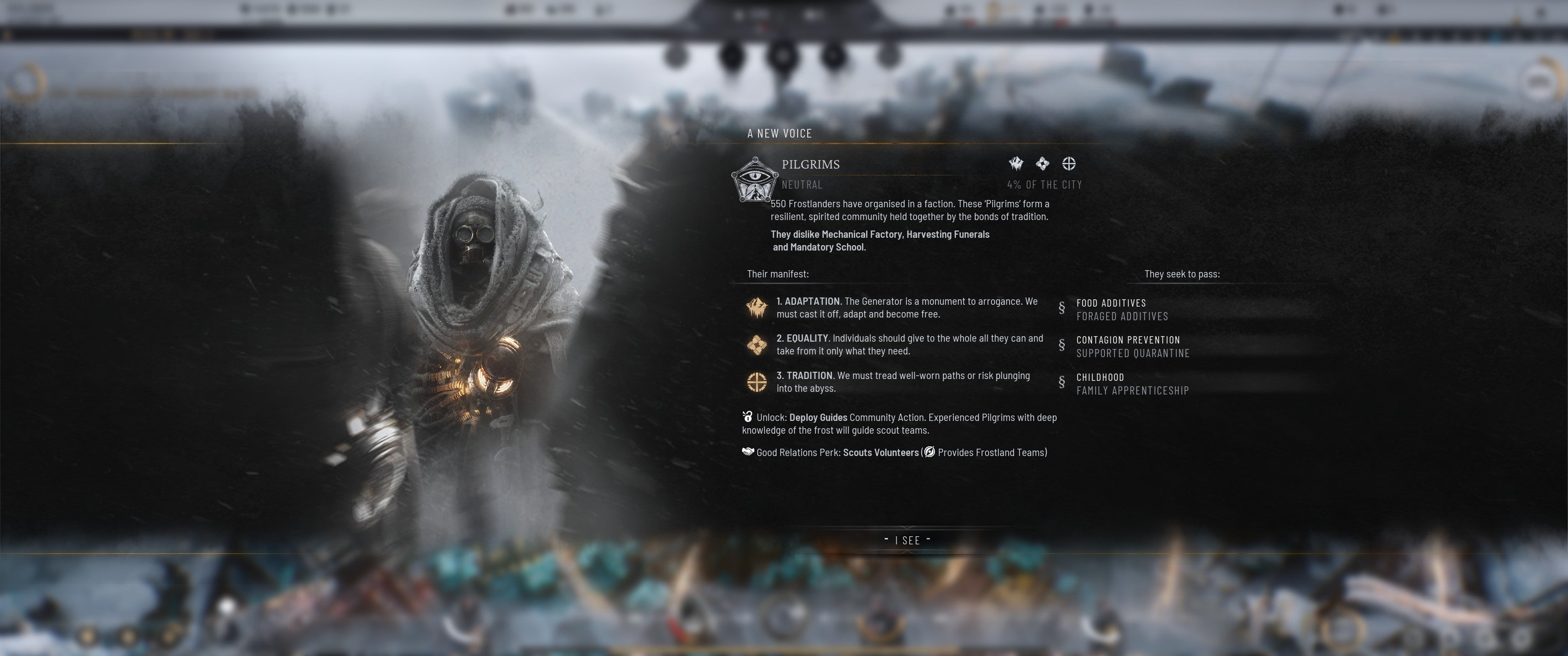 Frostpunk 2 screenshot showing an overview of the Pilgrims faction, showing their number, percentage within the city, manifest, special unlockables and perks, and the laws they are interested in passing.
