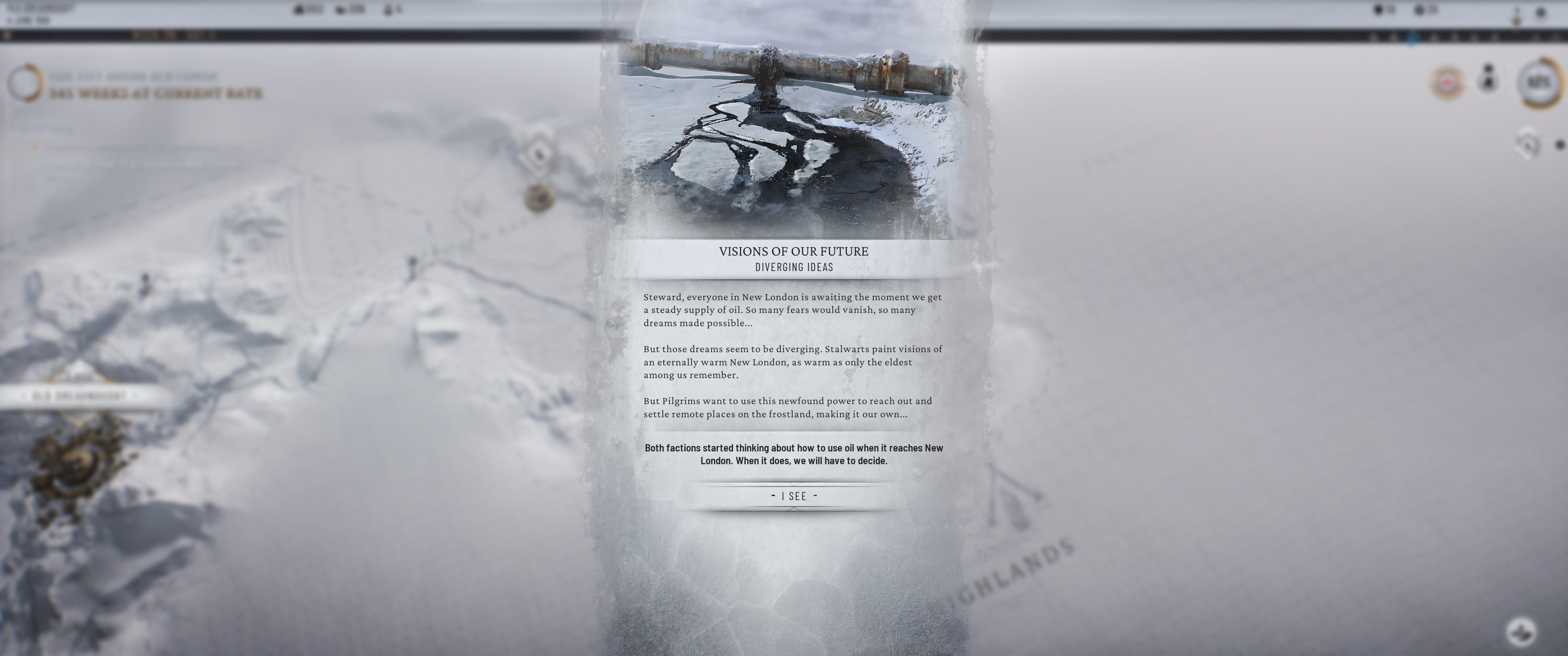 Frostpunk 2 screenshot showing an event showing different factions vying for different future directions for the city.