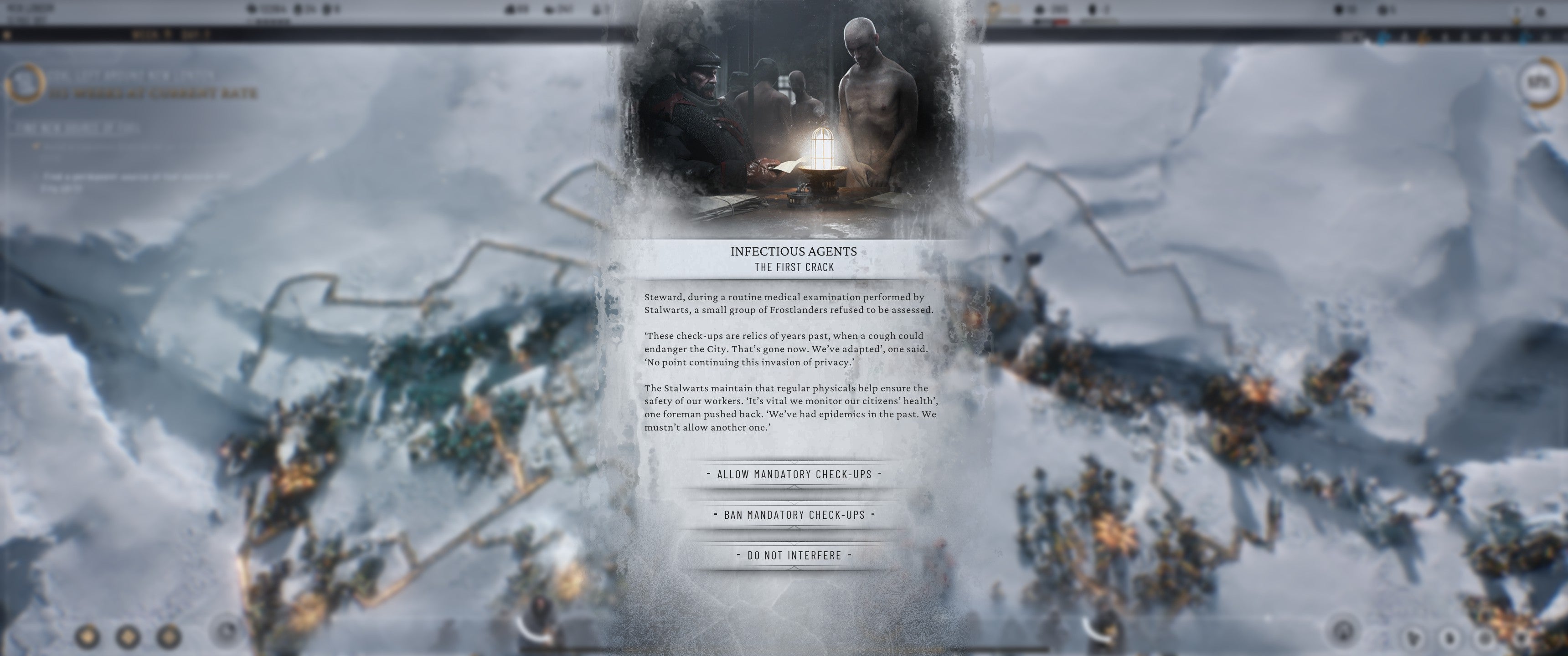 Frostpunk 2 screenshot showing  Event requiring a decision between introducing mandatory medical check-ups, banning mandatory medical check-ups, or doing nothing