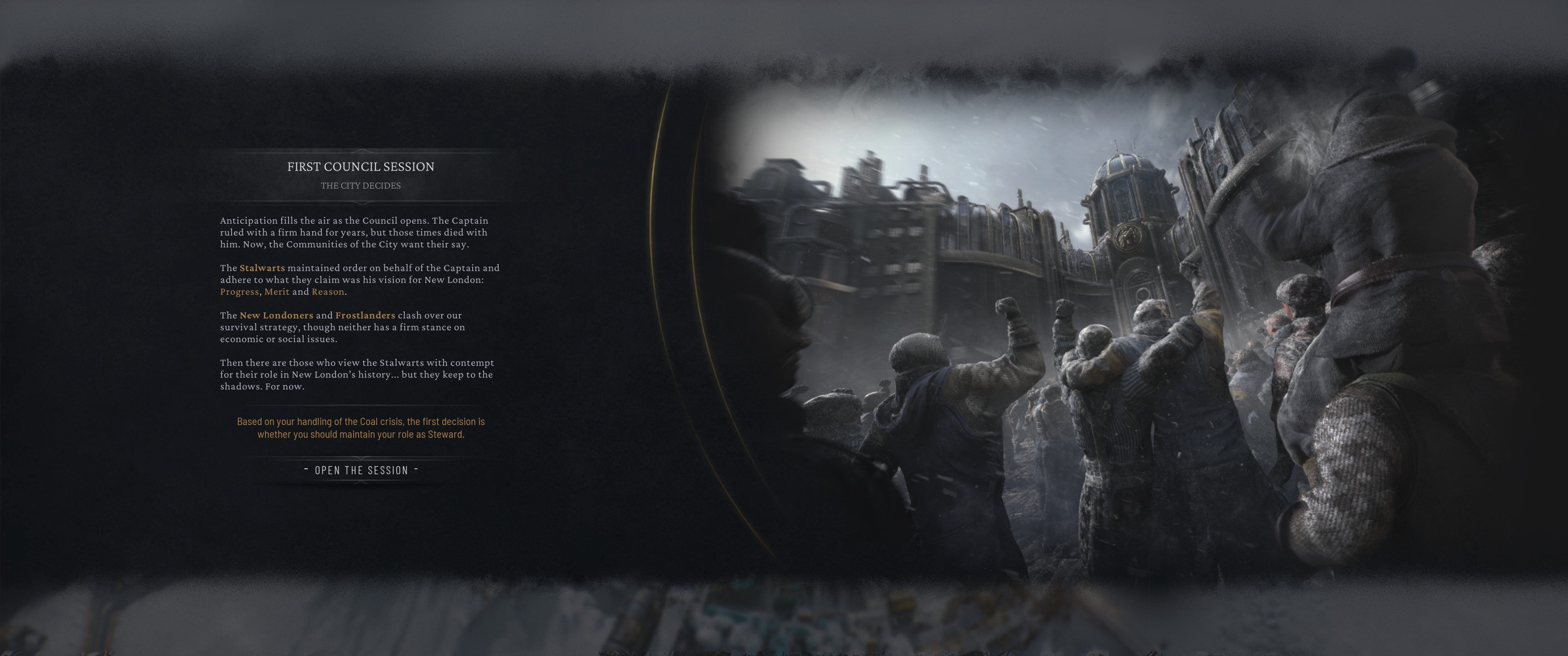 Frostpunk 2 screenshot showing Event showing the first session of the city Council