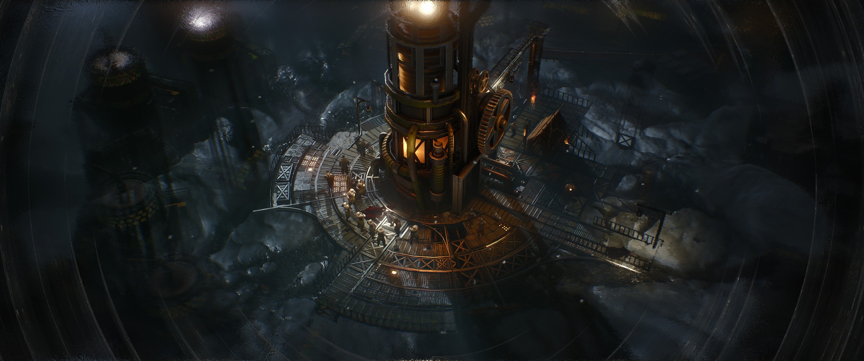 Frostpunk 2 screenshot showing a zoomed in view of a Food District, showing a hothouse