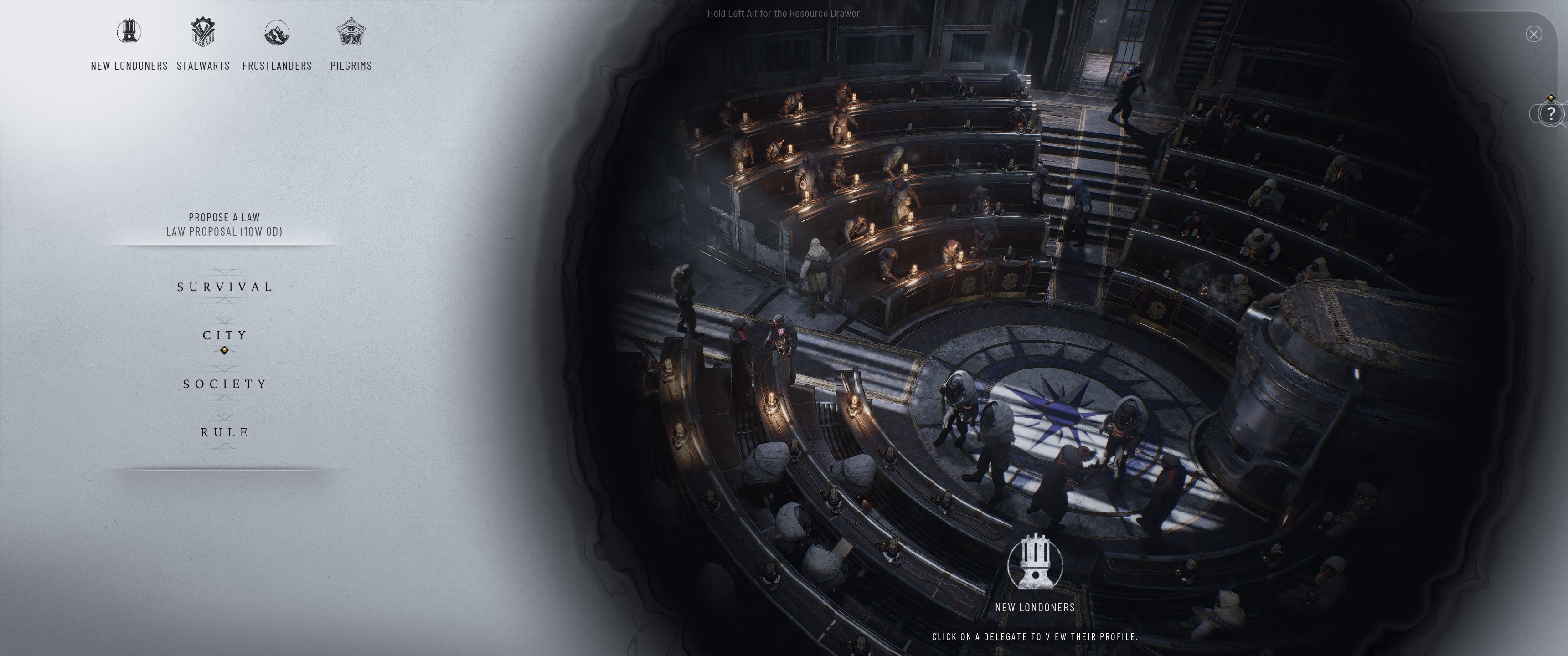 Frostpunk 2 screenshot showing the game’s Council session screen, showing delegates of various factions sat in the council chamber