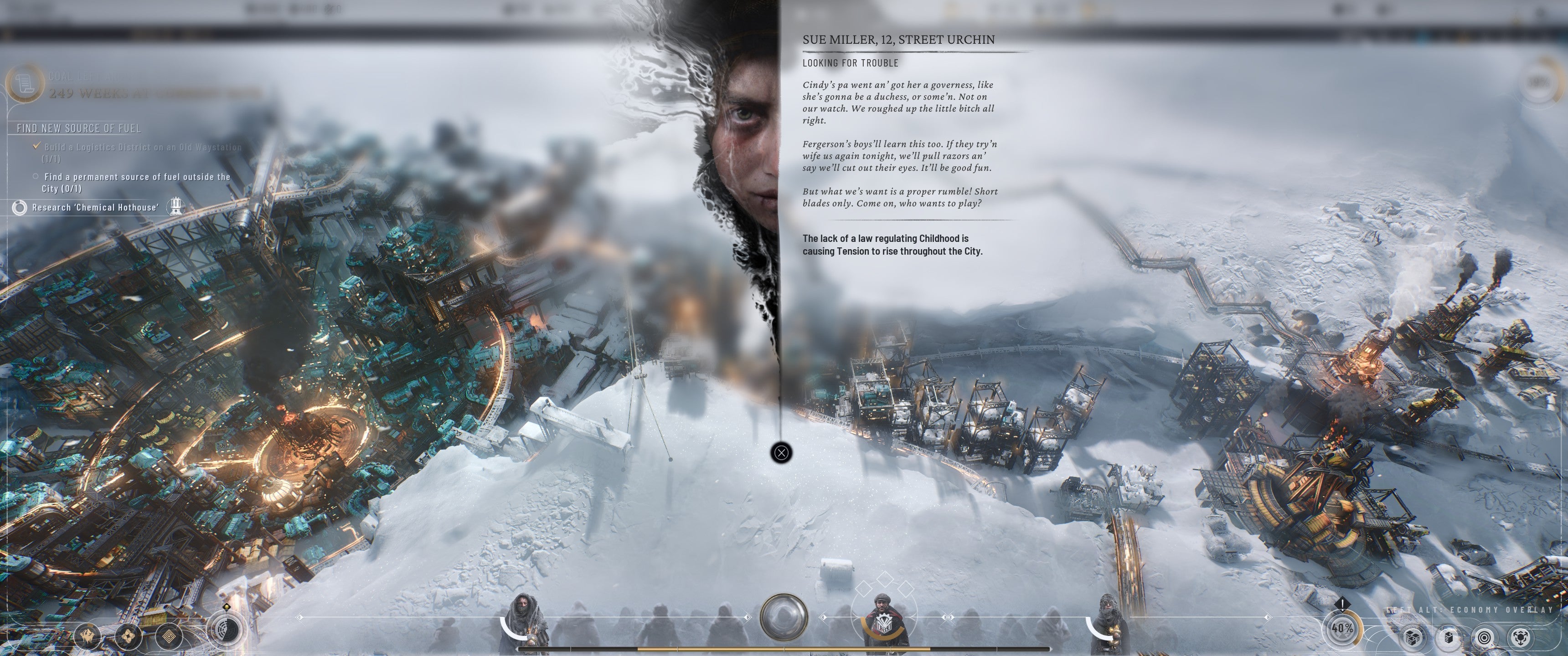 Frostpunk 2 screenshot showing a testimony from 12-year-old street urchin Sue Miller, demonstrating the need for regulation of Childhood
