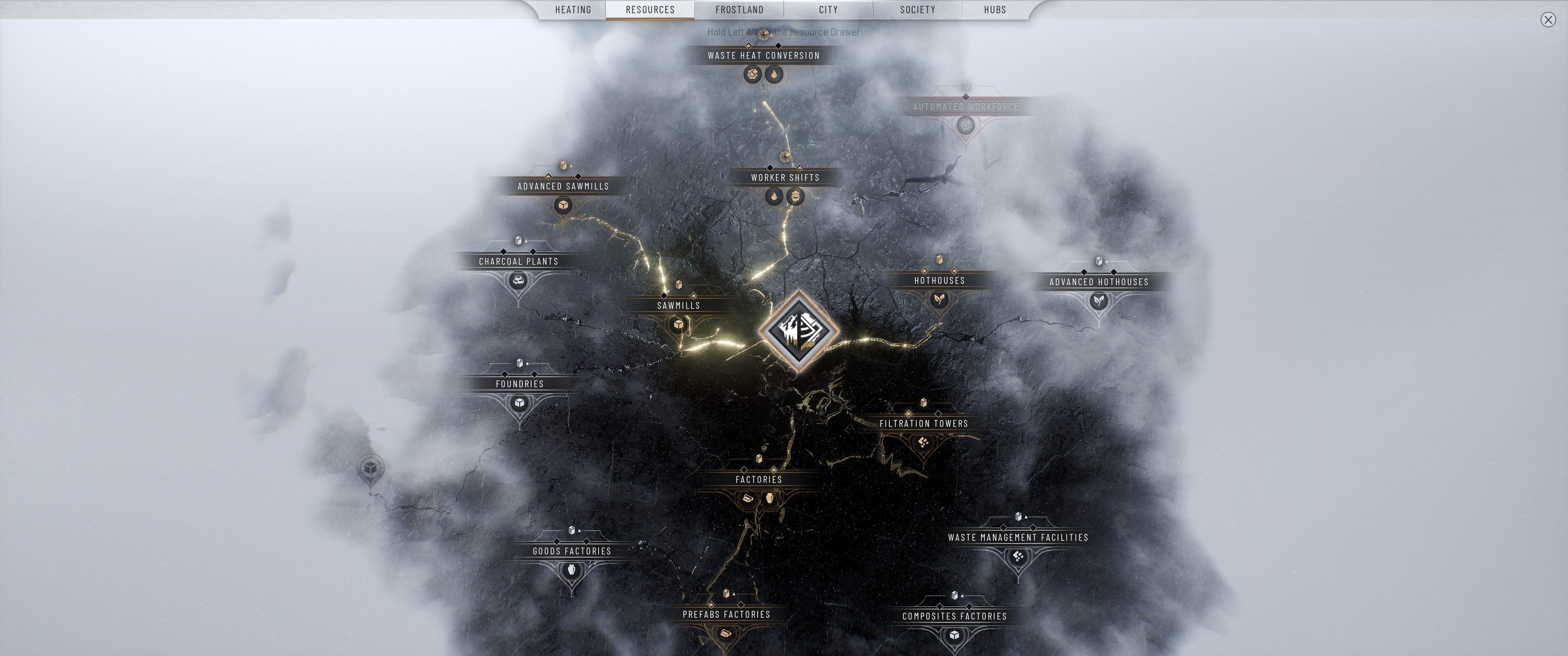 Frostpunk 2 screenshot showing The Resources tab of the research tree