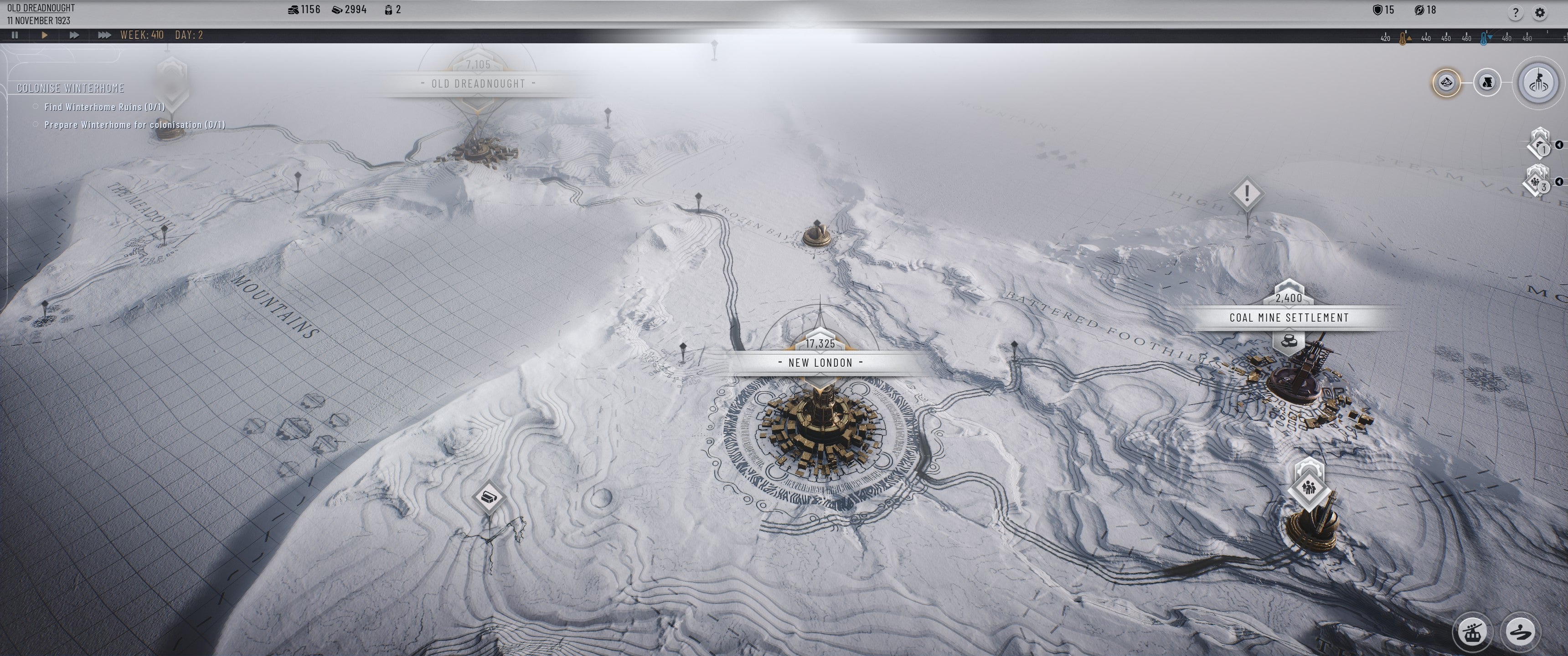 Frostpunk 2 screenshot showing a view of the Frostlands, showing New London, the Old Dreadnought, a few outposts and the surrounding wastes