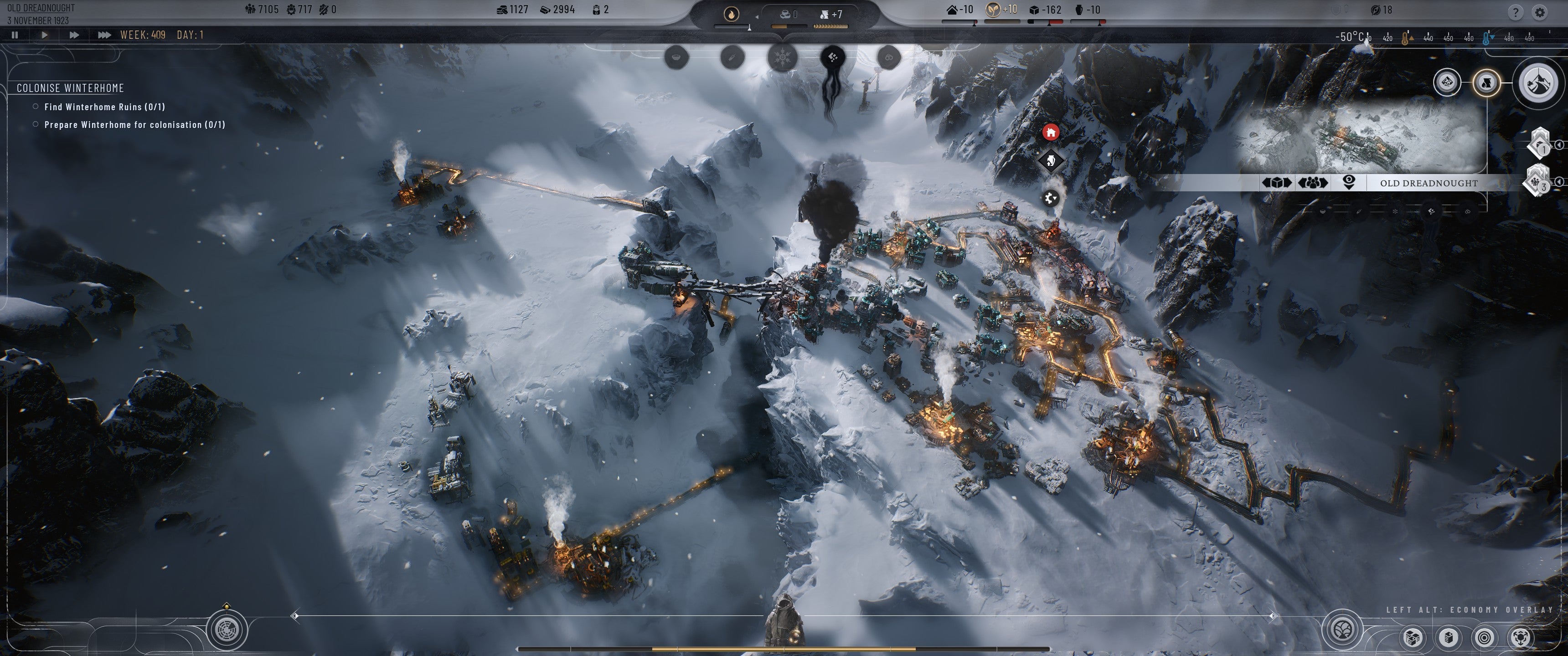 Frostpunk 2 screenshot showing the second city at the Old Dreadnought, showing developments focused on oil extraction