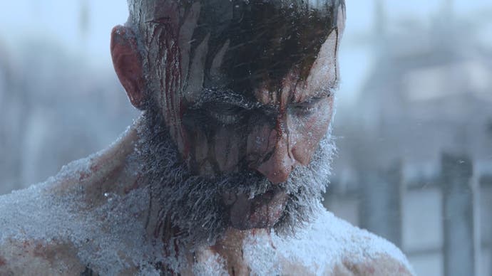 Frostpunk 2 Announcement Trailer screenshot showing a bloodied and shirtless man in a snow-covered area.