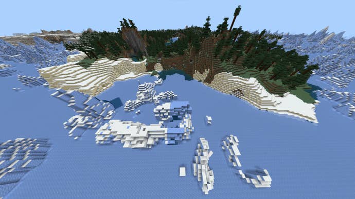 Screenshot of the ‘Frozen Treasures’ Minecraft Seed showing a coastal region with mountains in the distance.