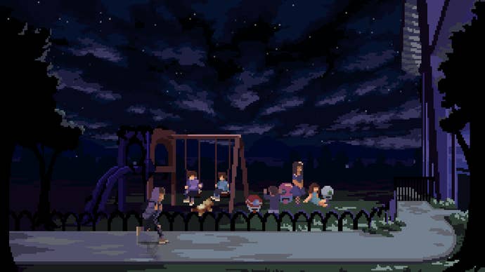 A boy runs past a park with lots of children playing inside it in Full Void