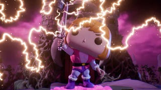 Funko Fusion He-Man screenshot showing the big-headed hero holding his sword aloft as lightening crackles around him