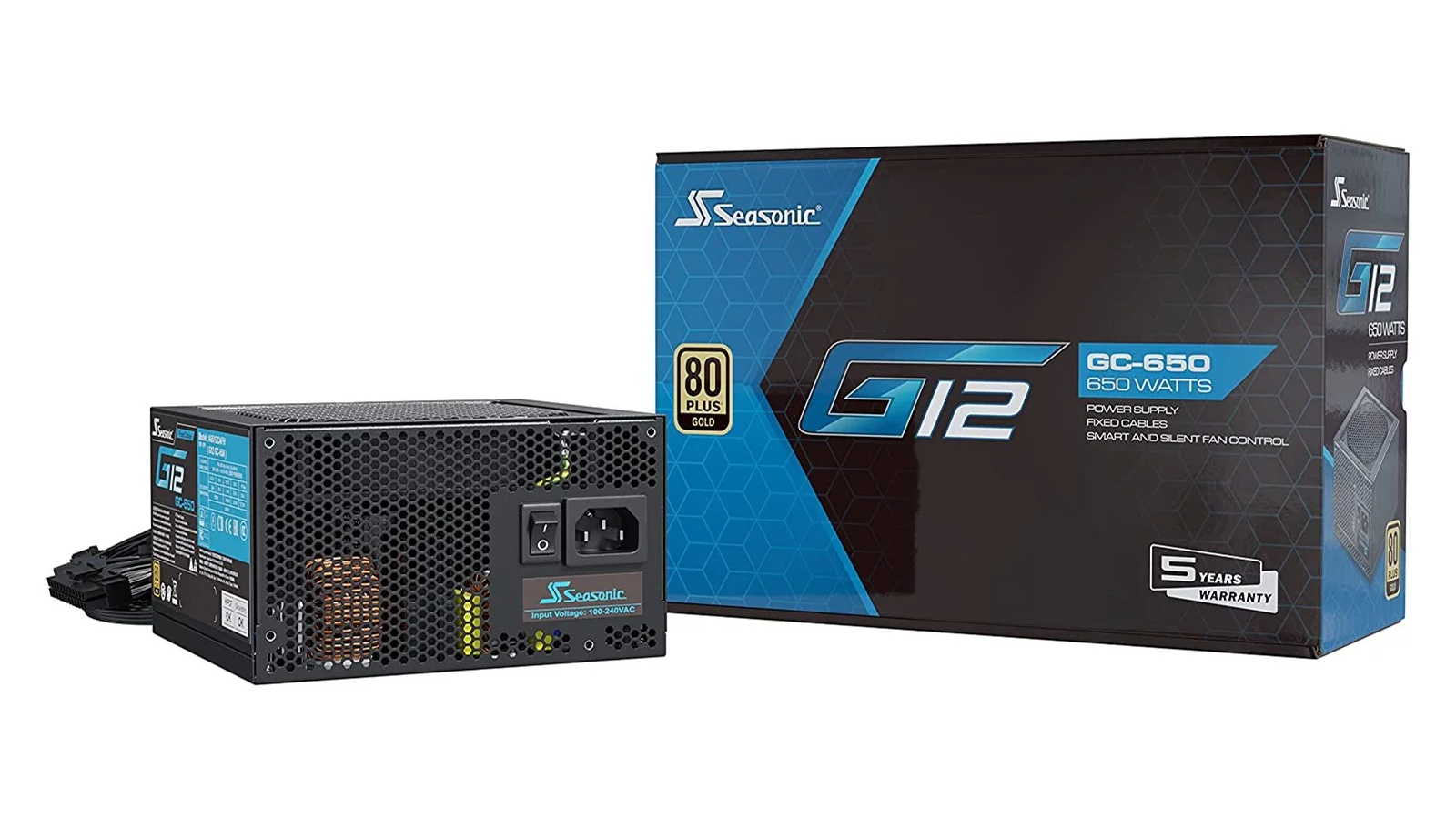 a seasonic g12 gc-650 power supply for a computer, showing a blue box, black power supply and a non-modular design.
