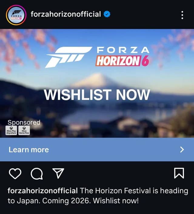 A screenshot of the Forza Horizon Instagram account outing Forza Horizon 6's location of Japan.