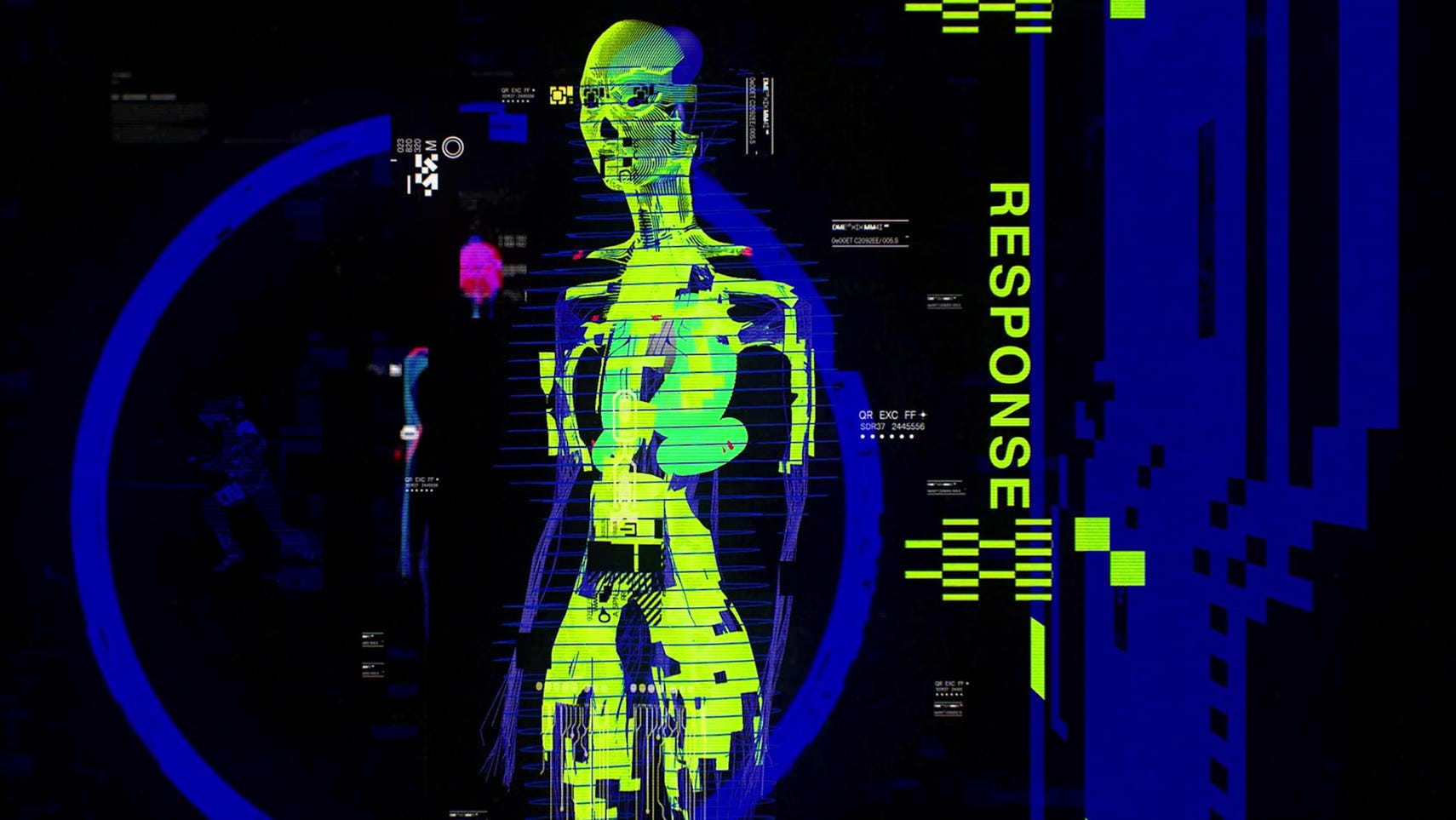 Marathon artwork featuring anatomical human figure in neon on black background