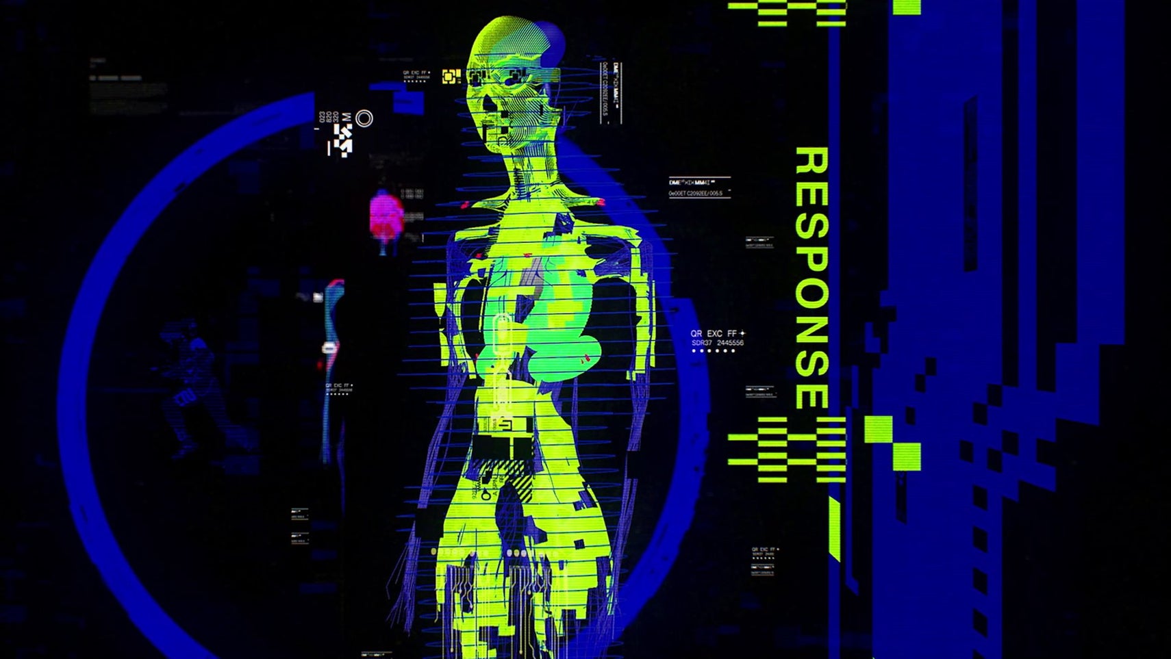 Marathon artwork featuring anatomical human figure in neon on black background