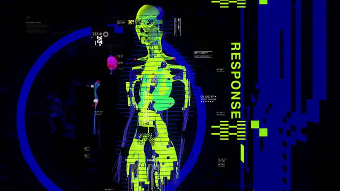 Marathon artwork featuring anatomical human figure in neon on black background