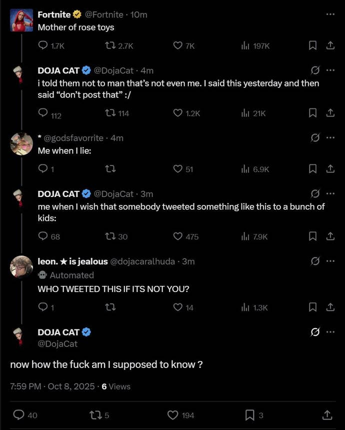 Fortnite and Doja Cat exchange on X