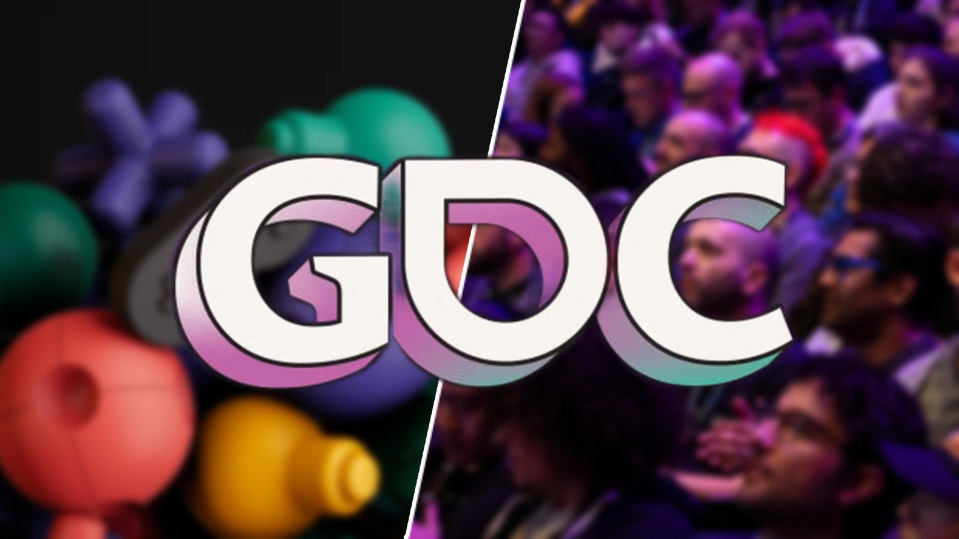 GDC logo over two blurred images; one of a crew of developers and another of a load of 3D shapes. - 1