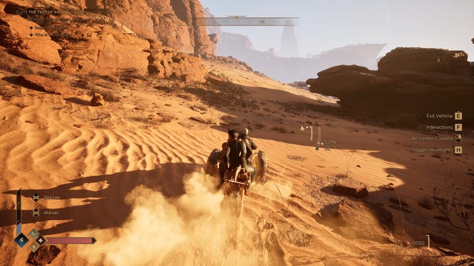 A player driving a sandbike through the desert in Dune: Awakening