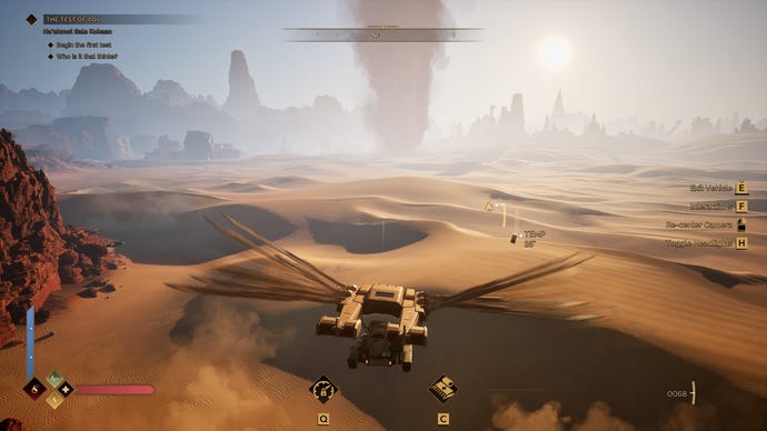 A massive "spice blowout" on the horizon in Dune: Awakening, with the player flying an ornithopter in the nearground