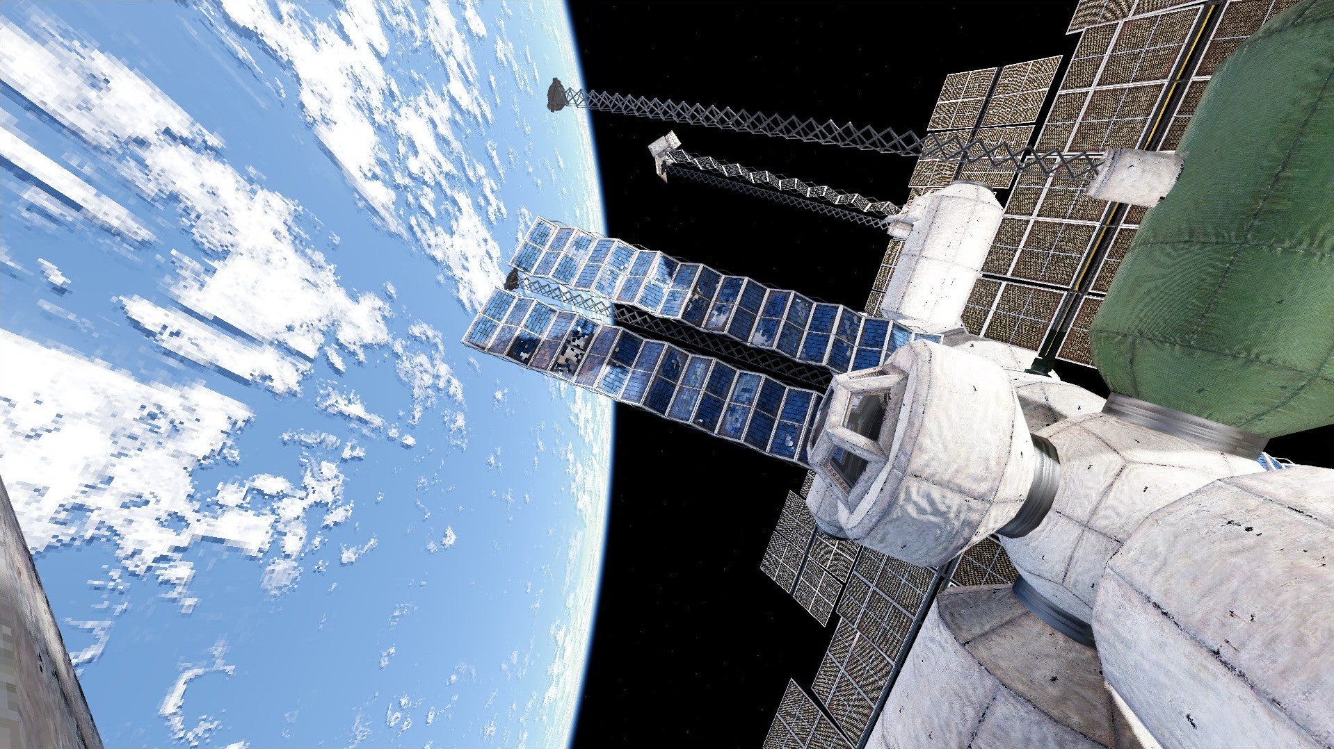 A screenshot of a space station in orbit.