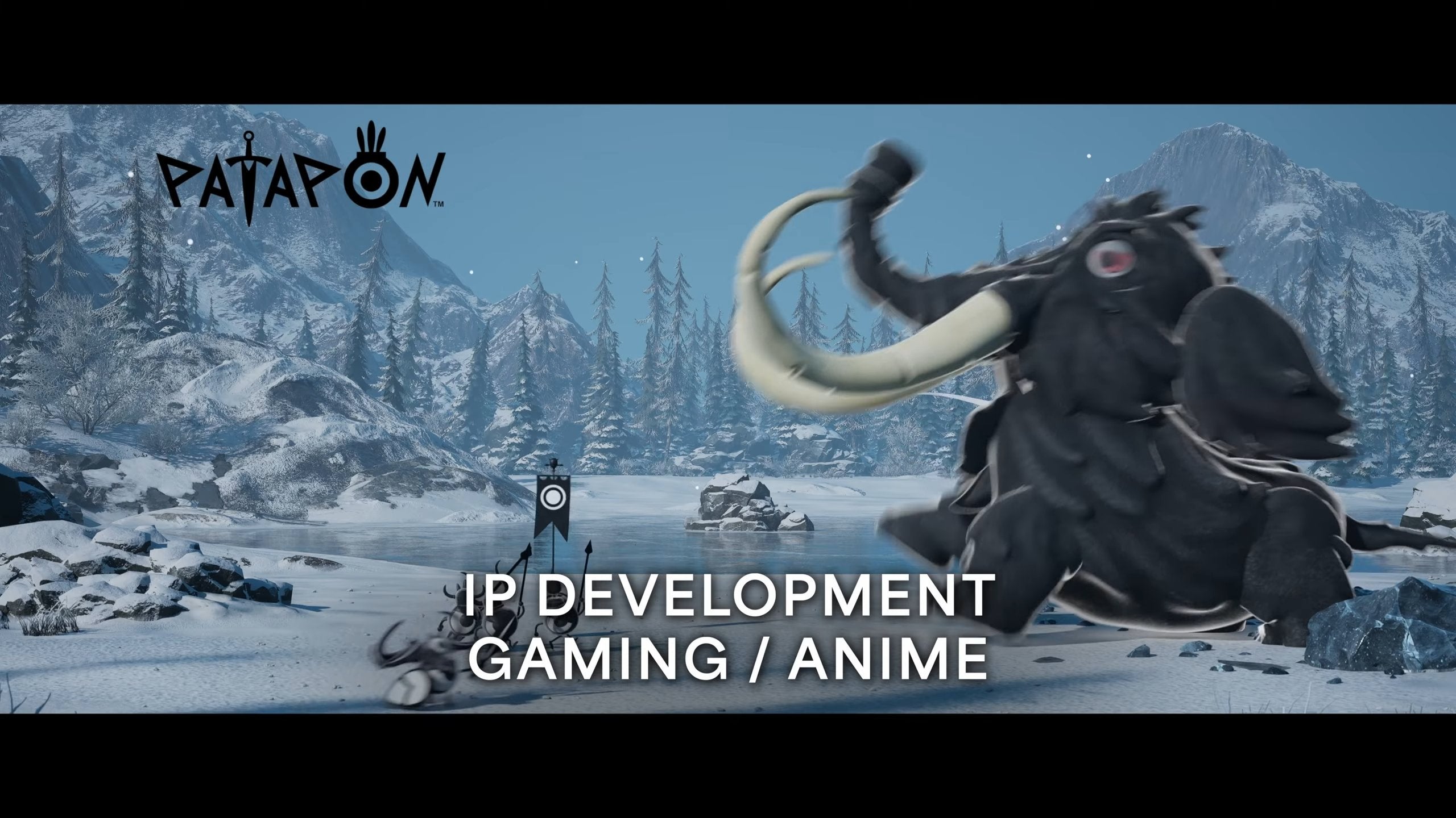 Patapon image from Sony&rsquo;s CES 2024 conference showing the series' creatures and a 3D woolly mammoth.
