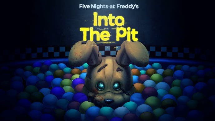 Five Nights at Freddy's Into the Pit promo art showing a ball pit with a sinister rabbit animatronic poking its head out