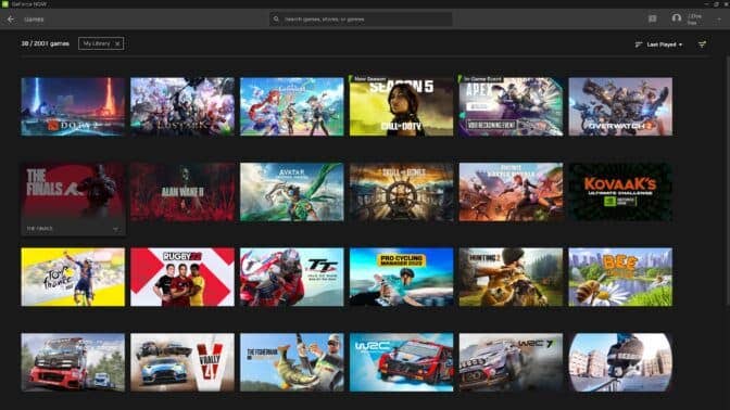 GeForce Now's app homepage, showing a grid of games in a library.