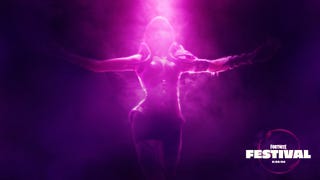 Lady Gaga's character model in Fortnite, partially obscured by purple lighting.