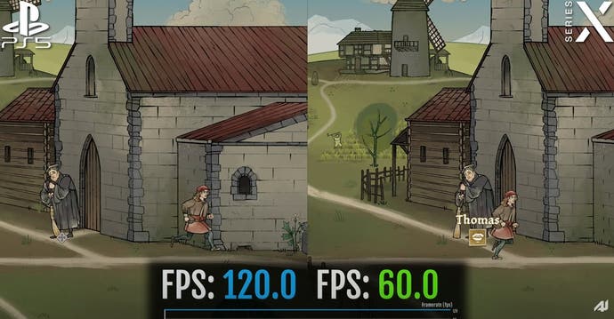 Pentiment screenshot showing framerate differences between PS5 and Xbox Series X