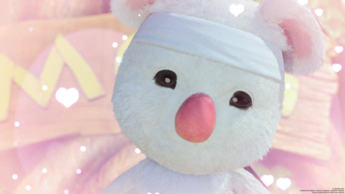 Close up of moogle from Final Fantasy 7 Rebirth with white headband and love hearts