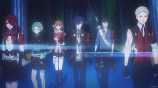 Persona 3 Reload screenshot from animated scene showing six anime teens ready for battle