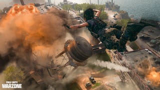 Female Call of Duty soldier descends from the air into urban warzone over explosions and rising smoke